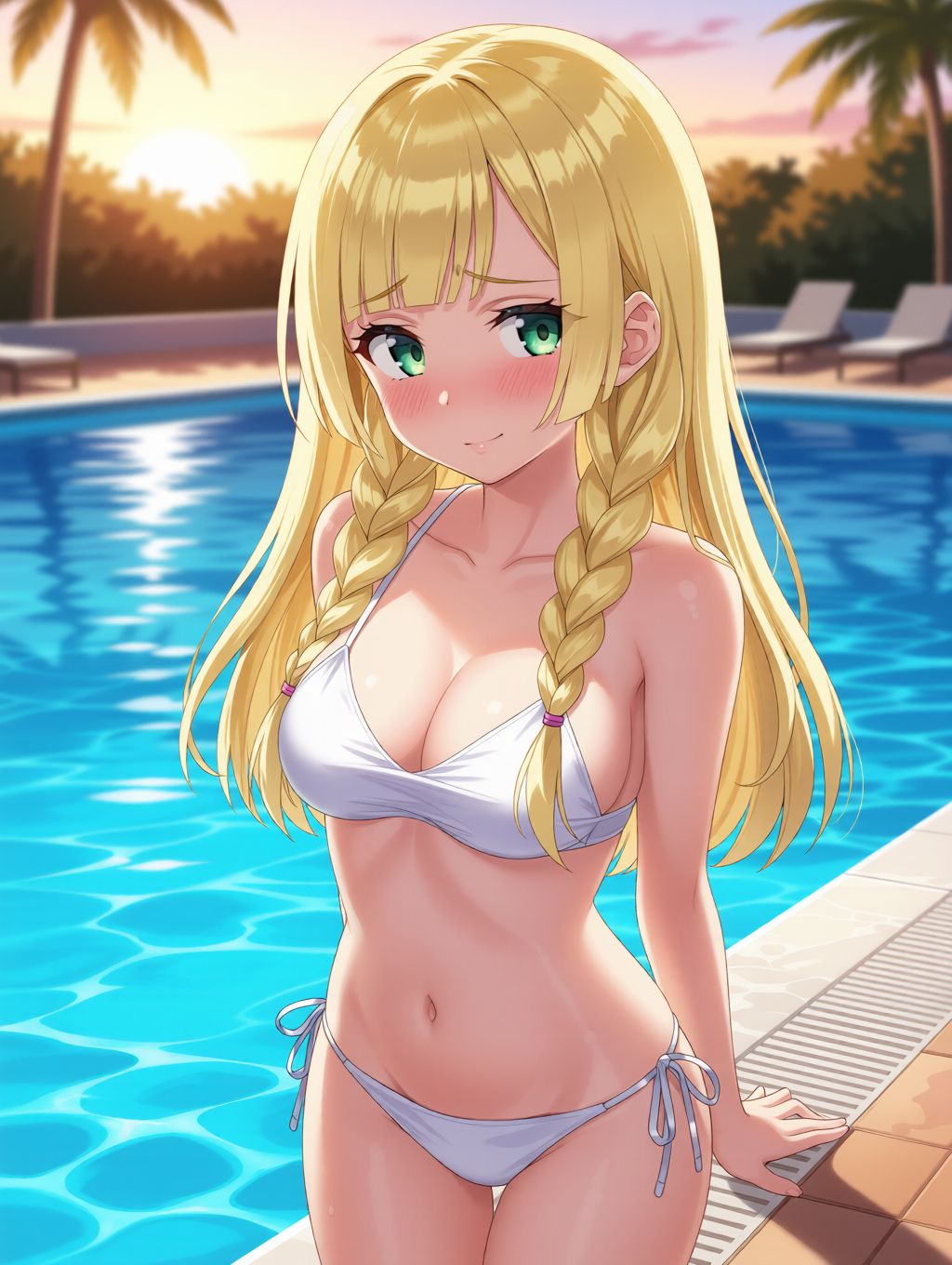 リーリエ、夕方のプール - せいでしょのAIイラスト