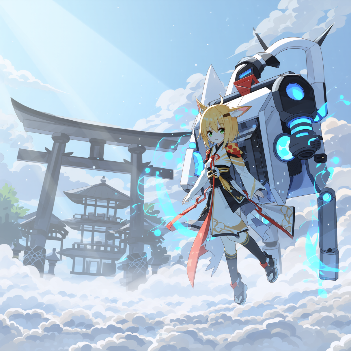 神社とメカ少女 - みどりたにのAIイラスト
