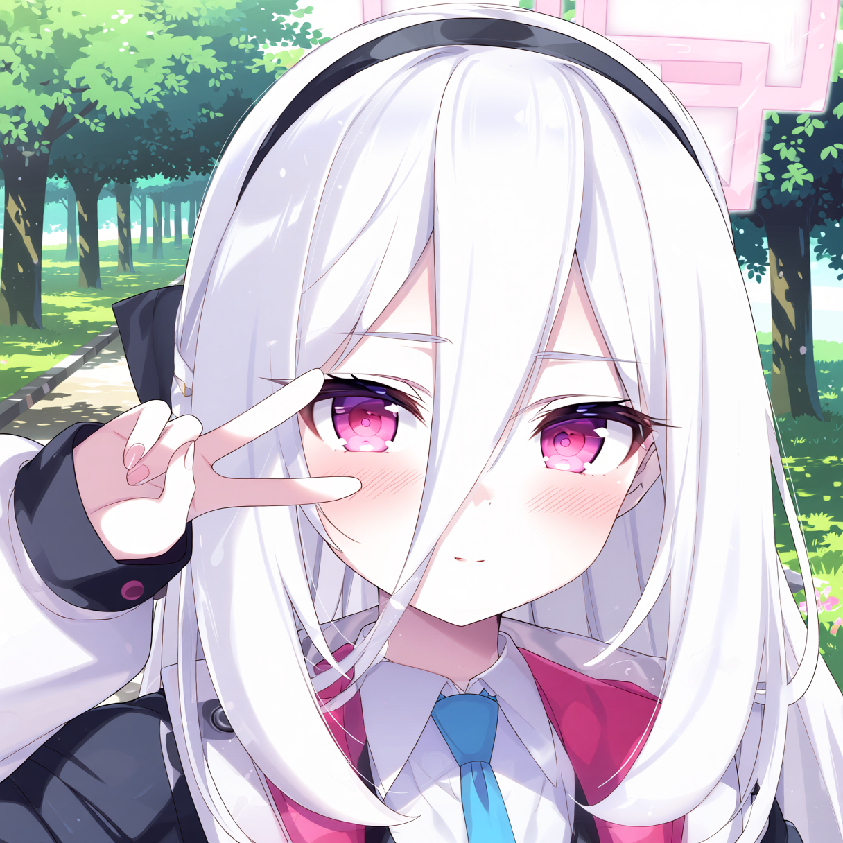 並木道を背景に、ブルアカのケイ - 運命のルーレットのAIイラスト