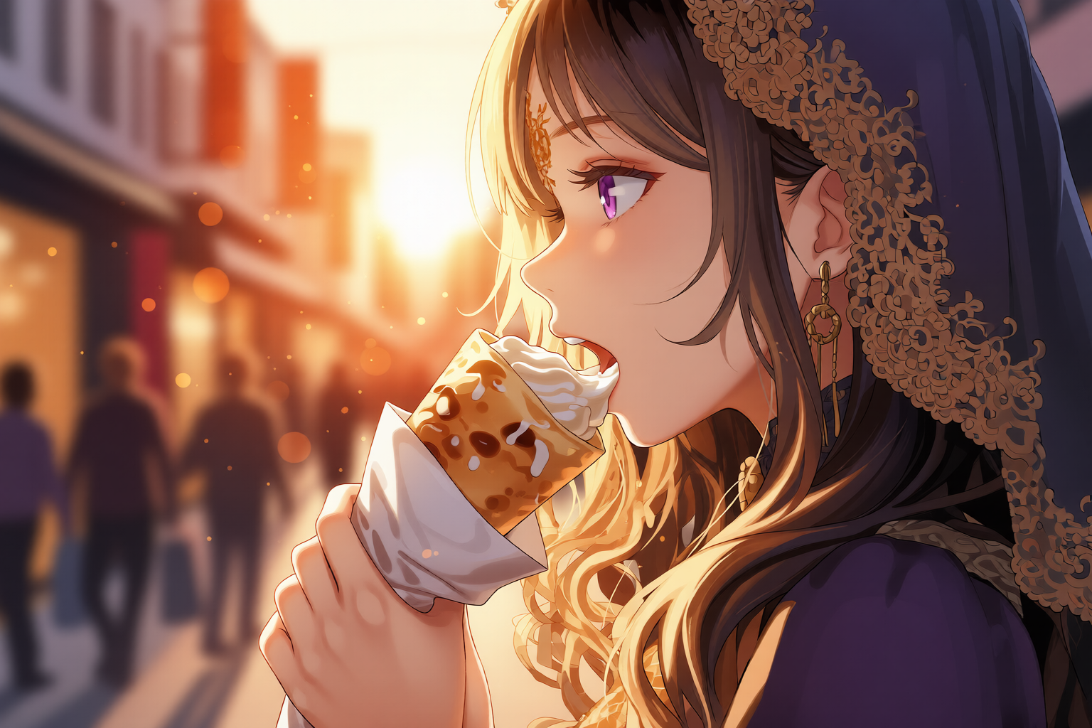 たまには街で食べ歩き - 魔法雑貨店の店主のAIイラスト